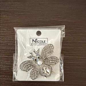Nicole Silver Butterfly Brooch with Clear Crystal Accents